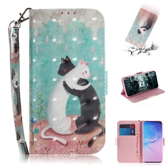 Galaxy S10 Plus Case, S10 PlusCase, Allytech 3D PU Leather Protective Cover & Pocket Lanyard Wallet with Cards Holder, Support Kickstand Slim Case for Samsung Galaxy S10 Plus, Black & White Cat