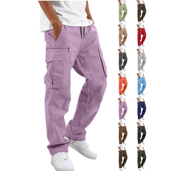 Work Pants for Men Nelozsy Men Solid Casual Multiple Pockets Outdoor Straight Type Fitness Pants Cargo Pants Trousers Purple XXL