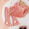 thumbnail image 3 of GYRATEDREAM Infant Baby Girls Fall Winter Outfits Toddler Ruffle Long Sleeve Crewneck Floral Decoration Sweatshirt Pullover Top + Solid Color Flare Pants 2Pcs Clothing Set for 6 Months-3 Years Pink, 3 of 8