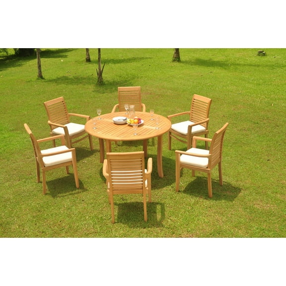 Grade-A Teak Dining Set: 6 Seater 7 Pc: 52" Round Table And 6 Mas Stacking Arm Chairs Outdoor Patio WholesaleTeak #WMDSMSw