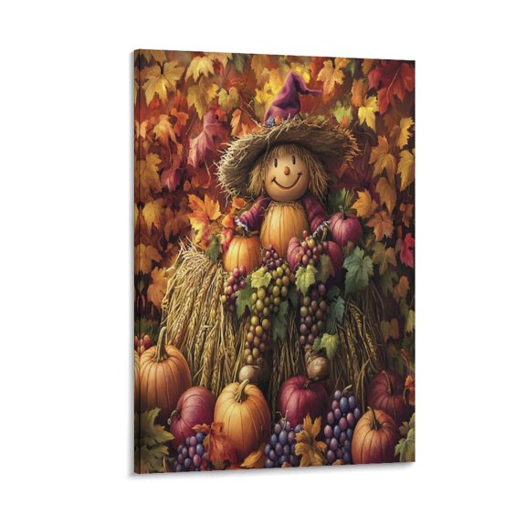 Autumn Harvest Scene with Pumpkins Cornstalks And Grape Wall Art for Living Room Pumpkin Corn Floral Thankful Canvas Wall Art Canvas Wall Art for Bedroom Canvas Print 8x12inch Framed Artwork