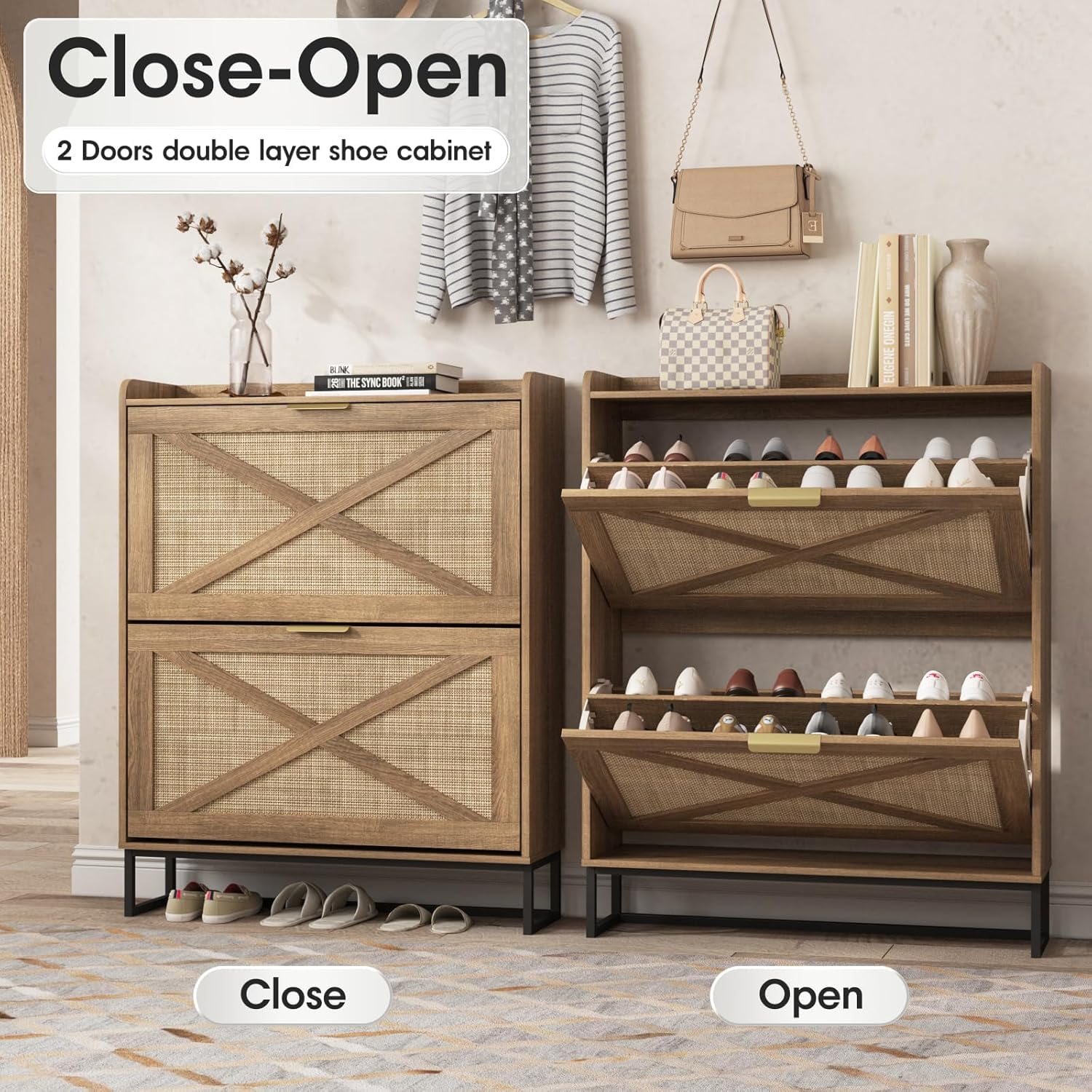 Vabches Farmhouse Shoe Storage Cabinet with 2 Flip Drawers & 1 Compartment, Hidden Narrow Shoe Rack Cabinet with Adjustable Shelves for Entryway, Hallway