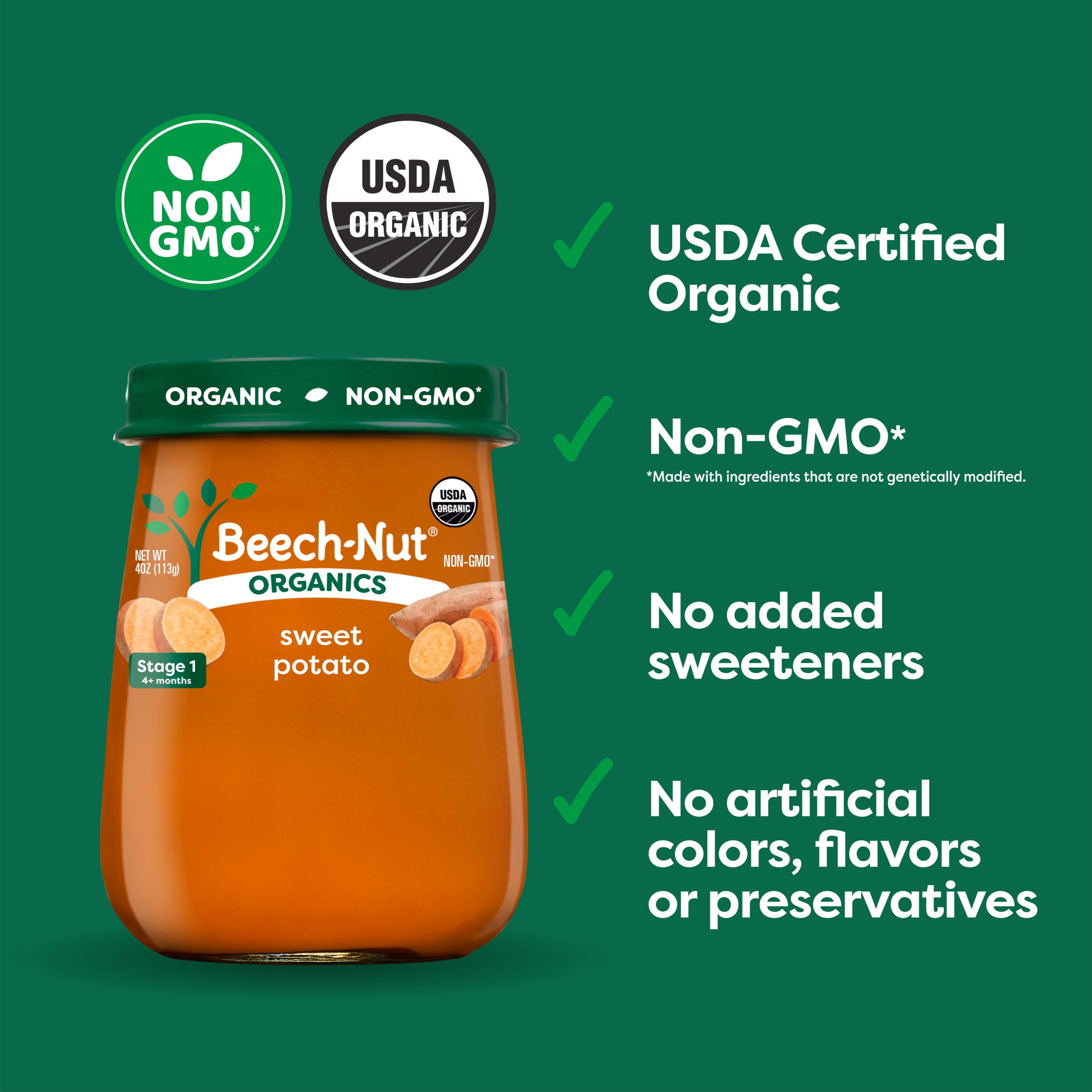 (3 pack) Beech-Nut Organics Stage 1 Organic Baby Food, Sweet Potato, 4 oz Jar