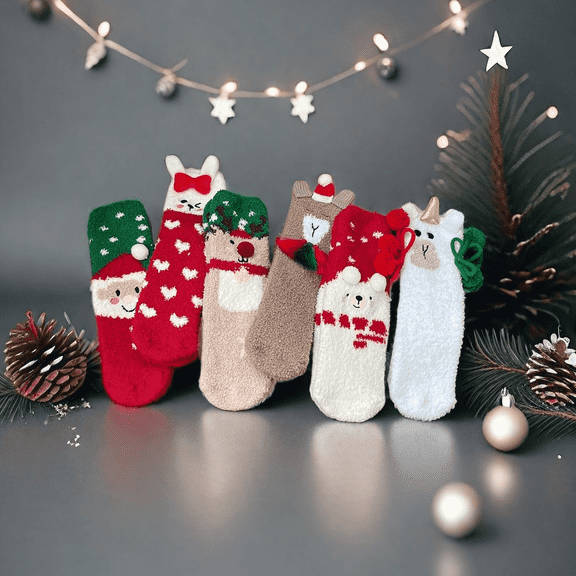 Fuzzy Animal Socks - 6 Pairs 3D Cartoon Warm Plush Coral Fleece Socks, Cute Cozy Soft Winter Socks, Perfect Daily & Gift Choice