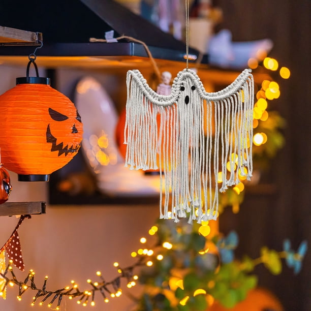 Decoraciones de Halloween, adornos de Halloween, regalos de Halloween, decoración colgante de Halloween, adornos colgantes blancos tejidos a mano de Halloween, colgante de pared aterrador para árbol d