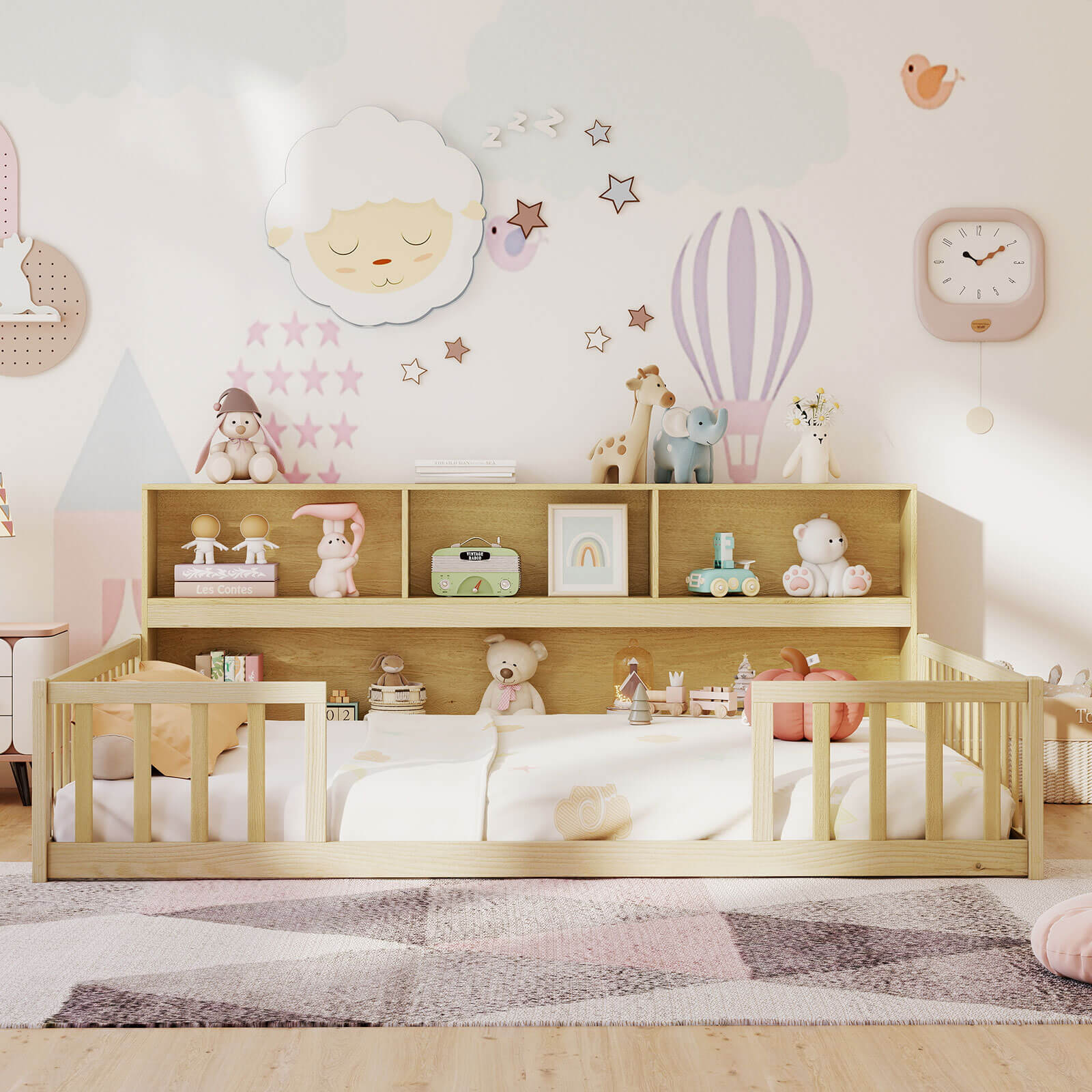Costway Full Size Montessori Floor Bed with Bookcase Storage Shelves & Safety Fence Rails Natural