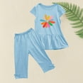 thumbnail image 4 of Odeerbi Kids Girls 2 Piece Outfits Ruffle Tops Capris Set Summer Clothes Floral Print Round Neck Short Sleeve Flying Sleeves Top Elastic Waist Cropped Pants Two-piece Set Light Blue, 4 of 5