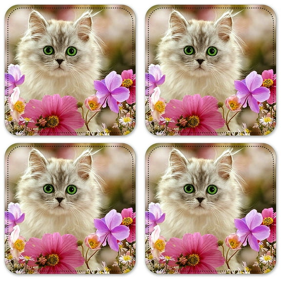 Vinyl Drink Coasters - Set of 4 - Kitten in the Flowers