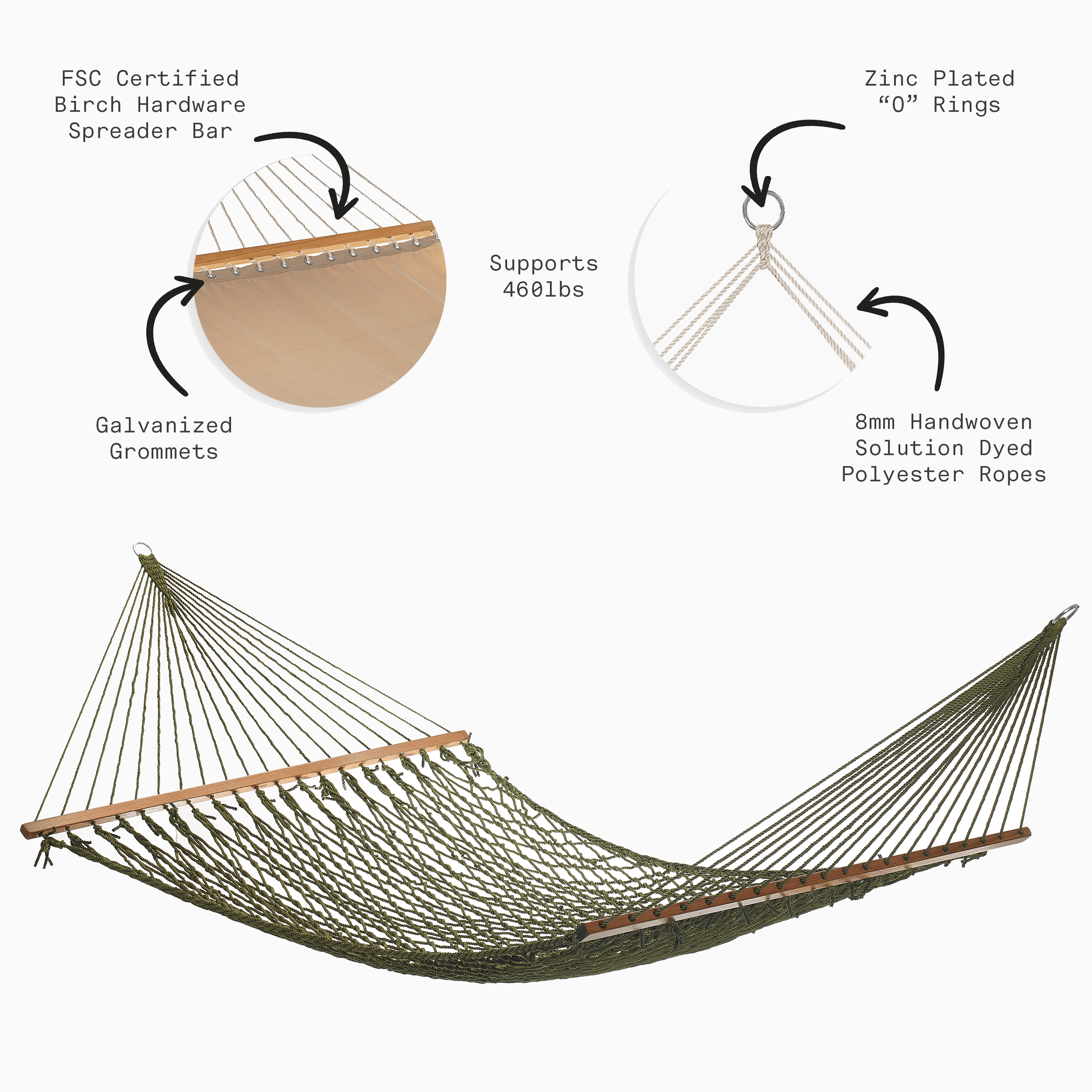 Fab Habitat Rope Recycled Polyester Hammock - Miami - Green - Indoor/Outdoor, Quick Dry, 2 Person 400 lbs Capacity - Patio, Poolside, Backyard, Garden, Beach, Balcony - 12-14 ft Adjustable