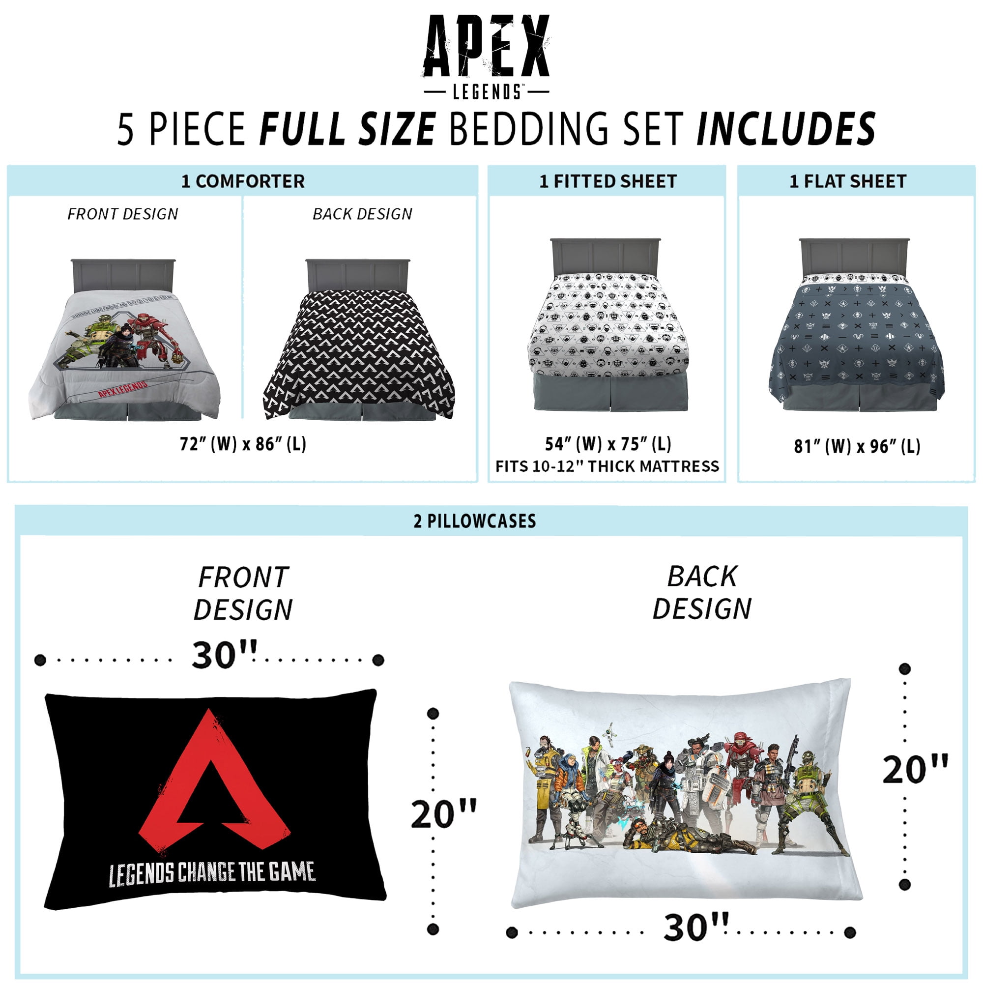 Apex Legends Full Bed in a Bag, Gaming Bedding, Comforter and Sheets, Grey