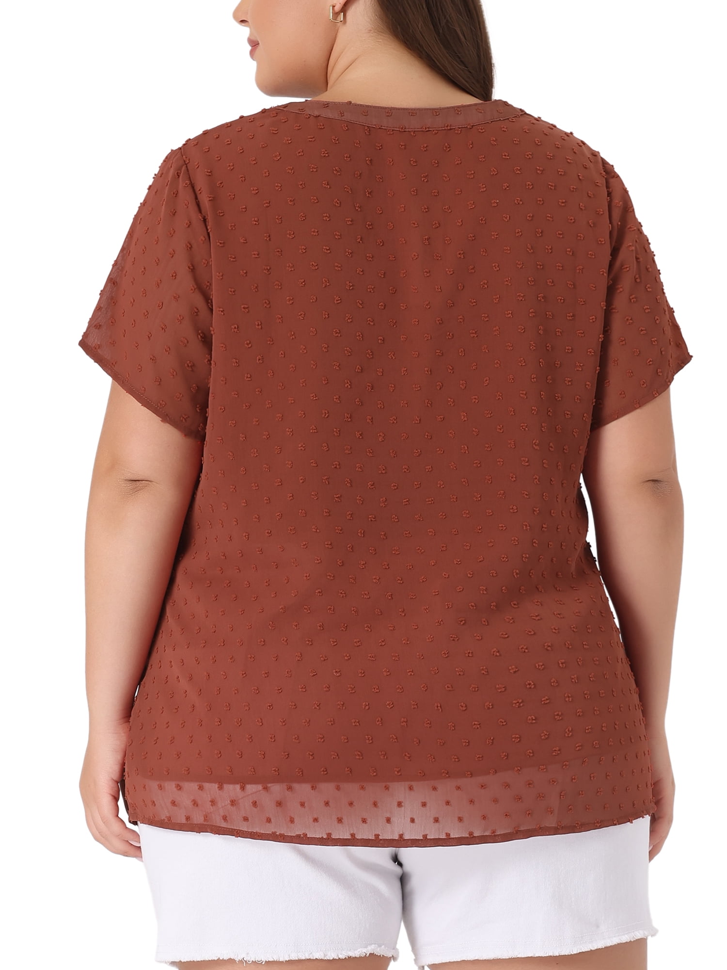 Unique Bargains Women's Plus Size Outfits Fashion Solid Pin Dots V Neck Top 1X Caramel