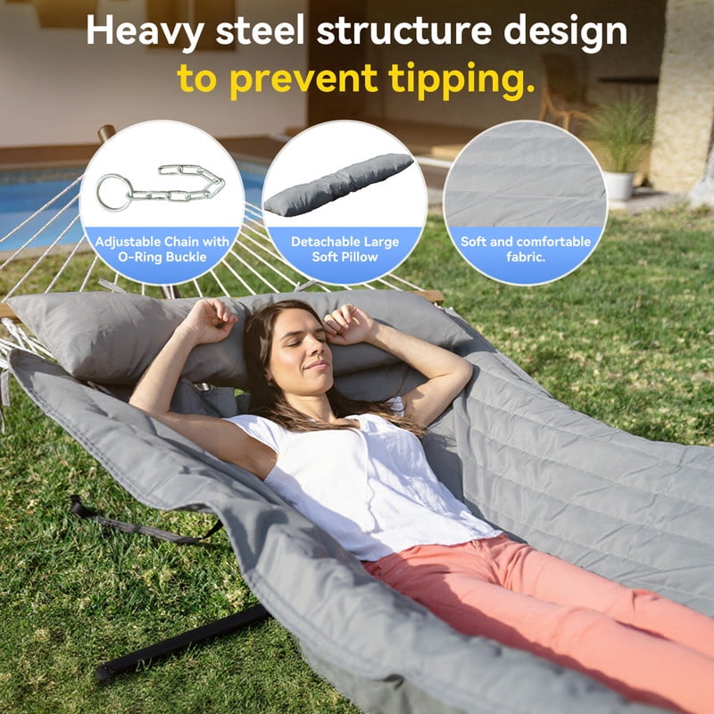 MIHOVER Heavy Duty Double Hammock with Stand - 500 lbs Capacity, Easy Setup & Detachable Pillow  - Gray