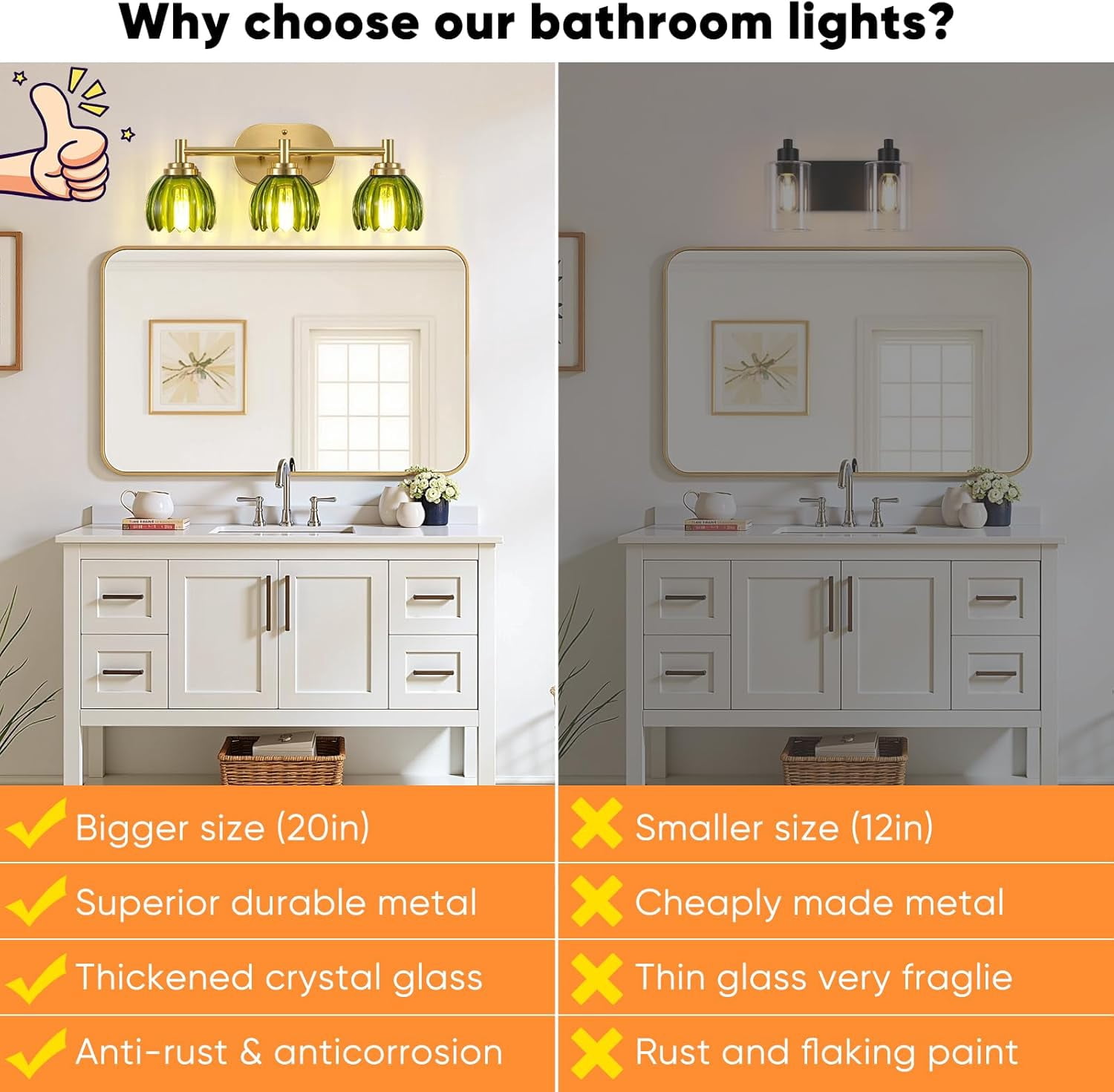Bathroom Light Fixtures, 3-Light Brushed Gold Vanity Lights for Bathroom with Tulip Green Glass Shade, Bathroom Vanity Lighting Over Mirror, Gold Wall Lamps for Bedroom, Living Room, Hallway