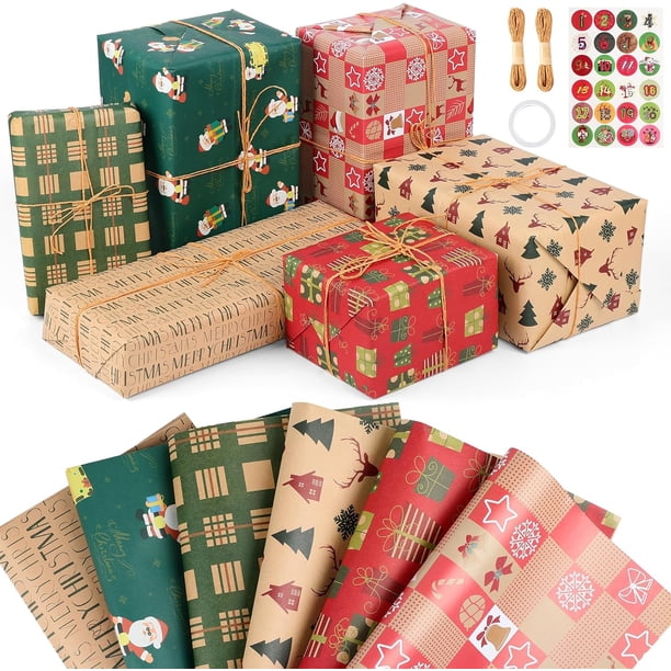 Papel de Regalo de Navidad, 6 Hojas Kraft 70x50cm Papel de Regalo, con 2 Cordel de Encuadernación, 1 rollo de cinta adhesiva de doble cara, 1 Adhesivo Navideño, Adecu para Navidad, Año Nuevo