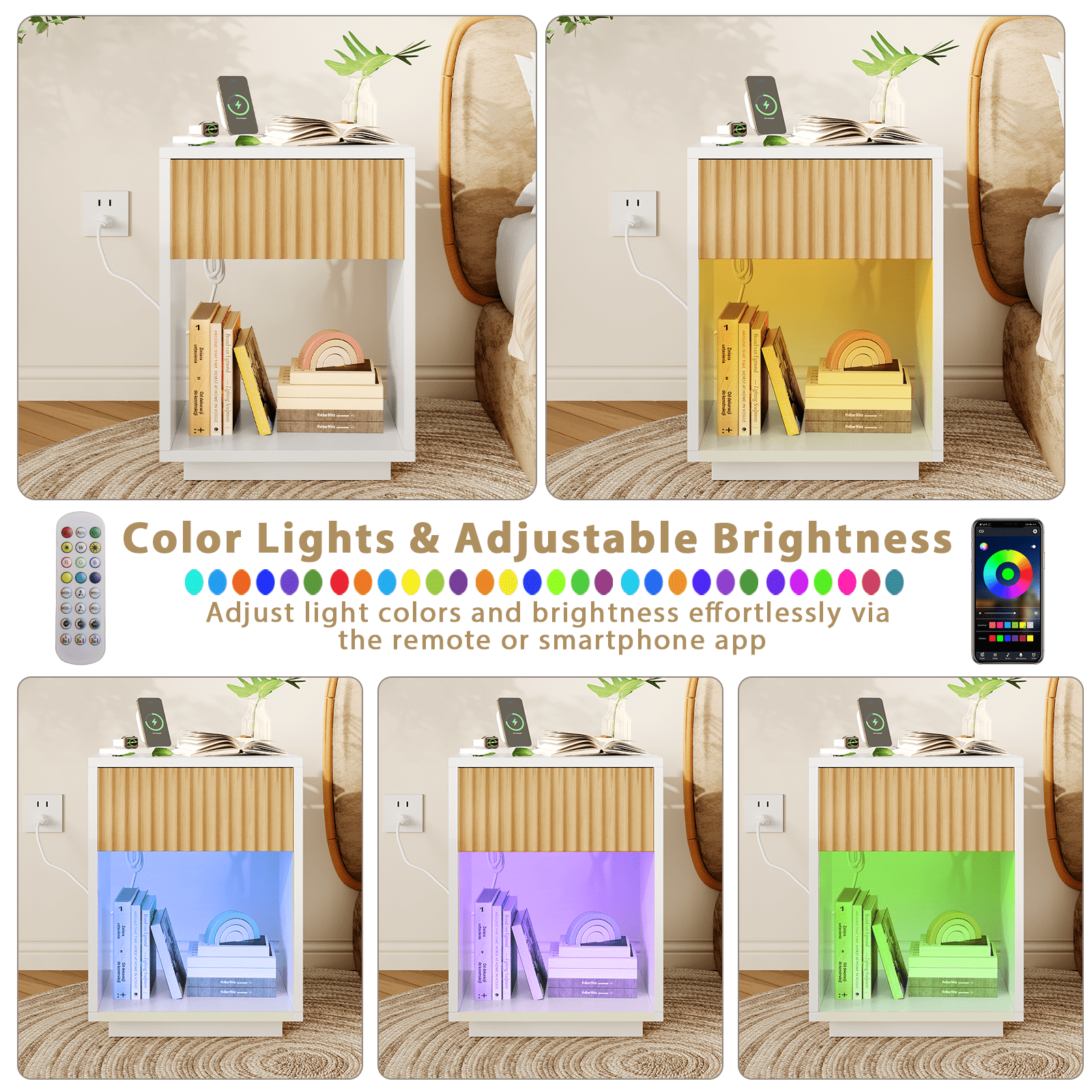 White Nightstand with Charging Station & LED Lights, End Table Side Table Set of 2 for Bedroom Dorm Office