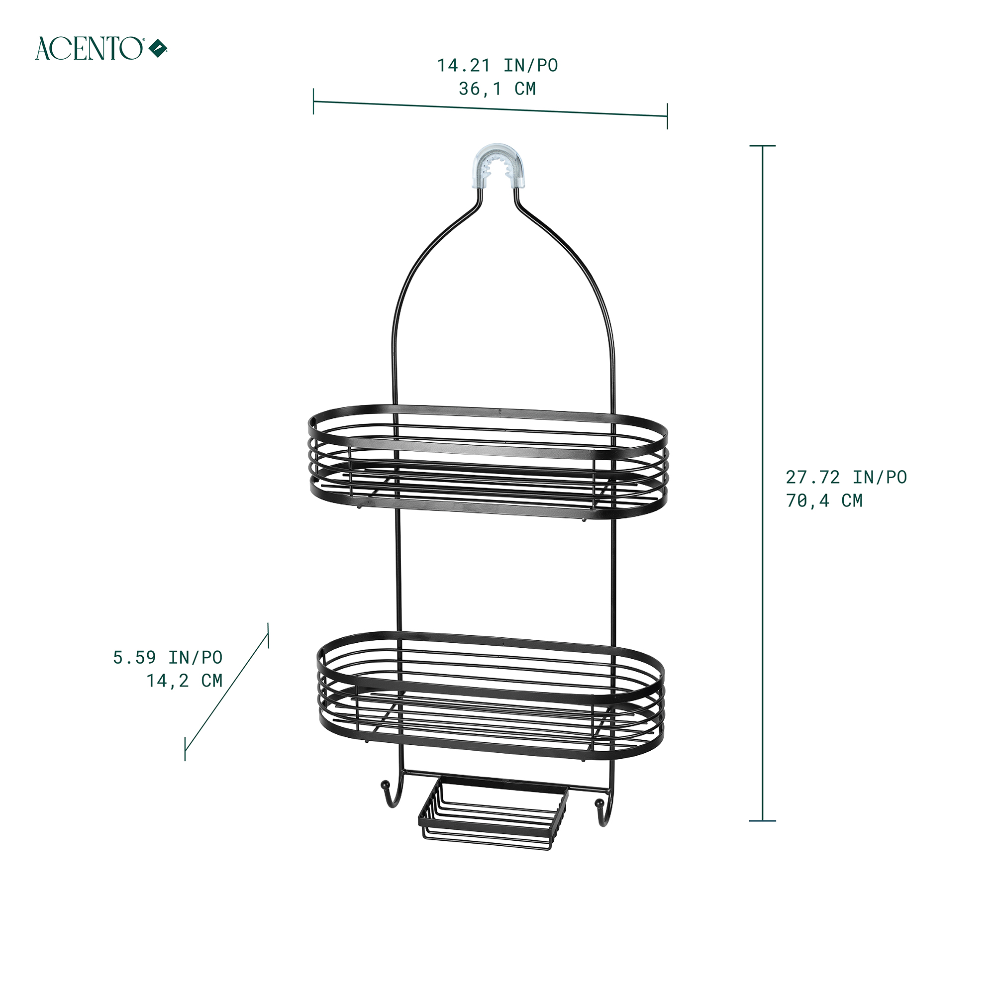 Acento 3-Tier Hanging Shower Caddy with Suction Cups, Non-Slip Neck, Bathroom Organizer, Matte Black