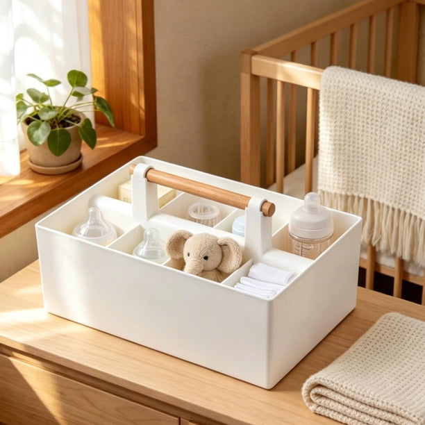 Desk Organizer with 8 Compartments, Plastic Makeup Organizer with Wooden Handle, Pen Holder for Desktop Storage, Desk Organization for School, Home, Office plies