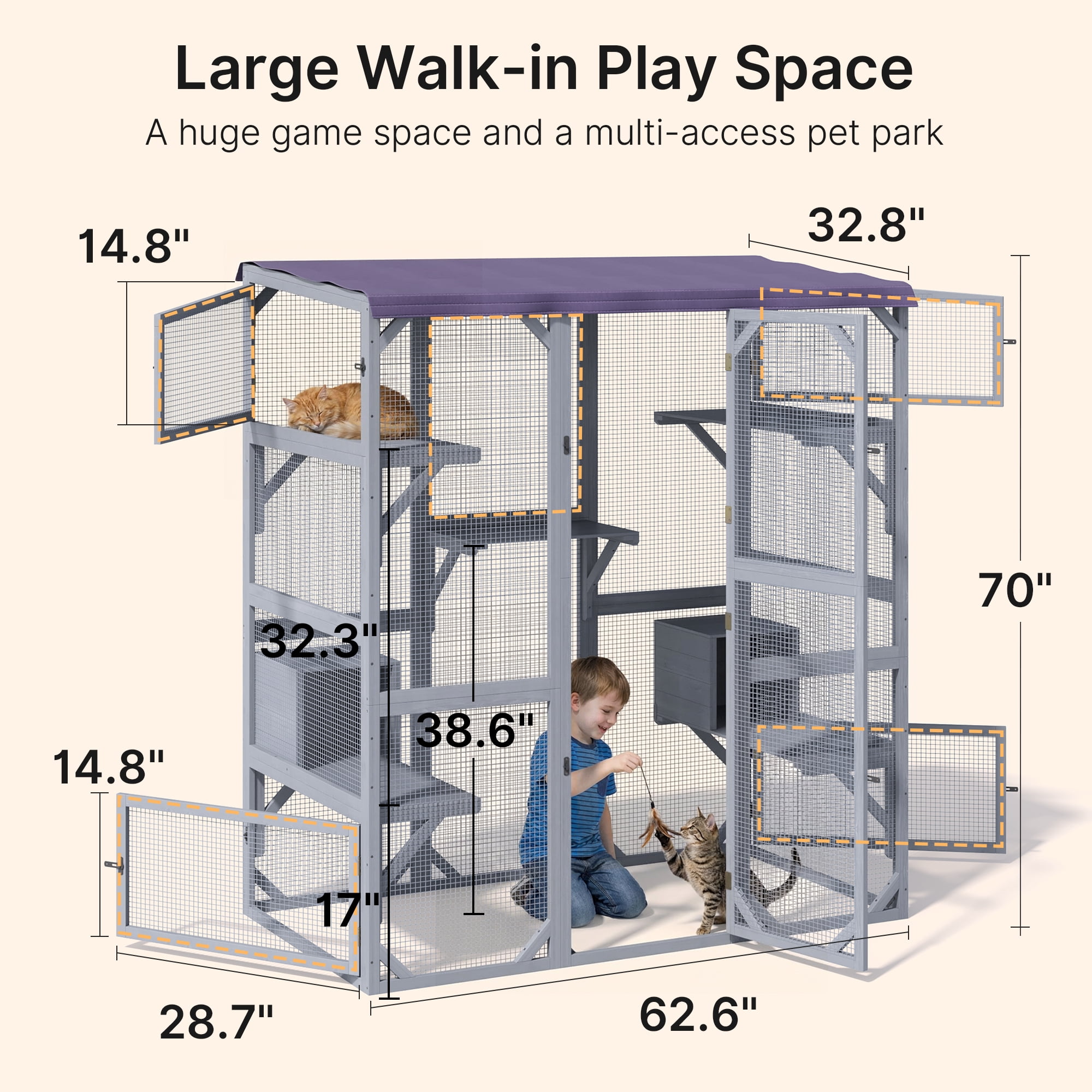 Outdoor Cat Enclosure, Lofka 70 Inch Large Walk-in Outdoor Catio, Weatherproof Cat Enclosure for Multiple Cats, Tarp Roof Kitty Playpen Cage for Patio & Garden, Grey