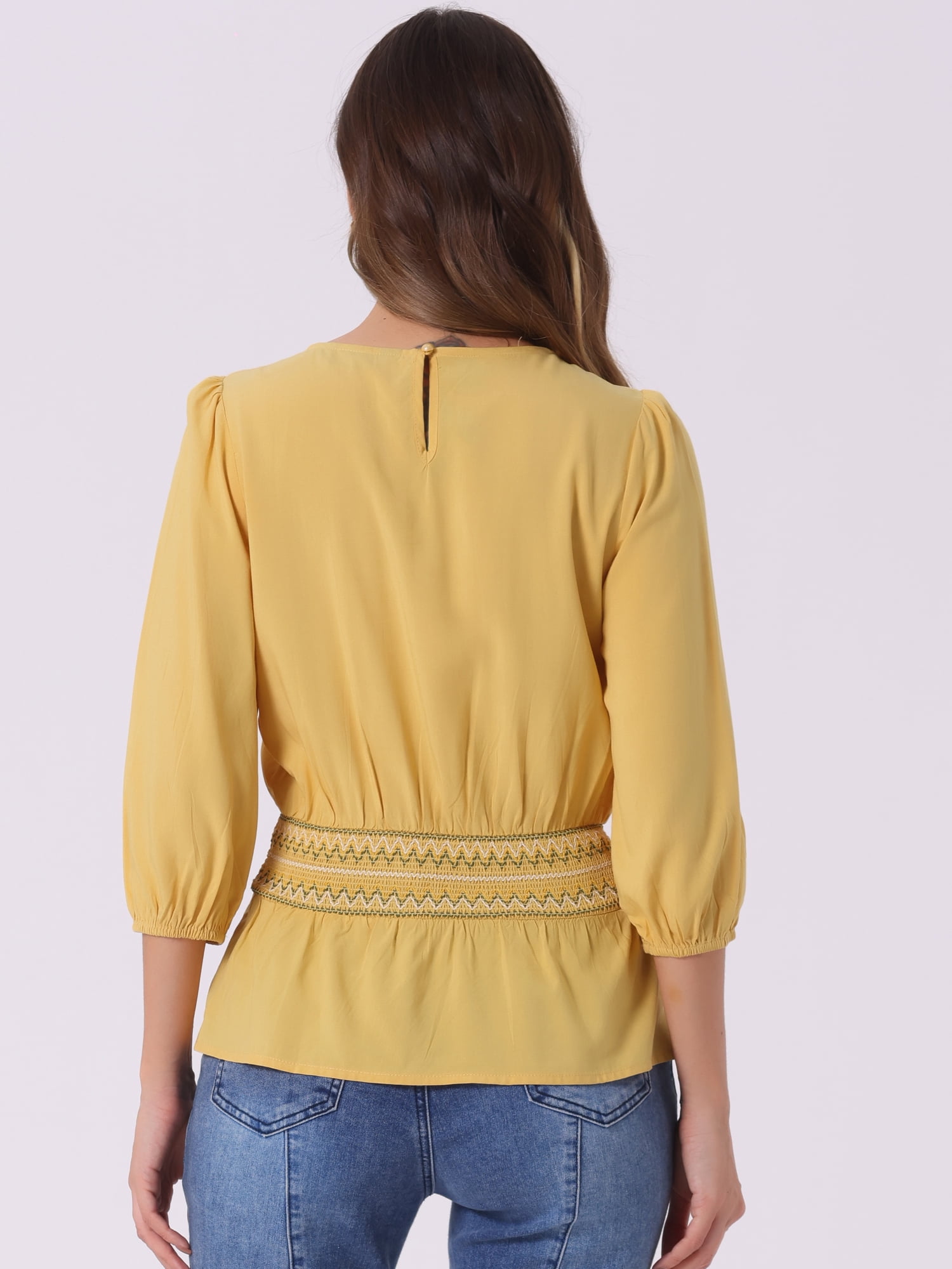 DARING DIVA Peplum Top Puff Smocked Waist Blouse M Yellow
