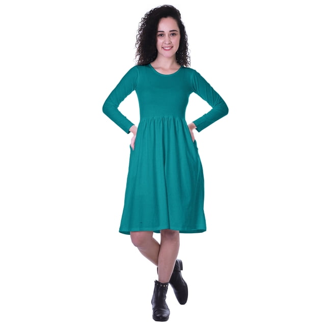 Moomaya Robe à Manches Longues pour Femmes, Taille Rassemblée, Coupe Décontractée, avec Poches