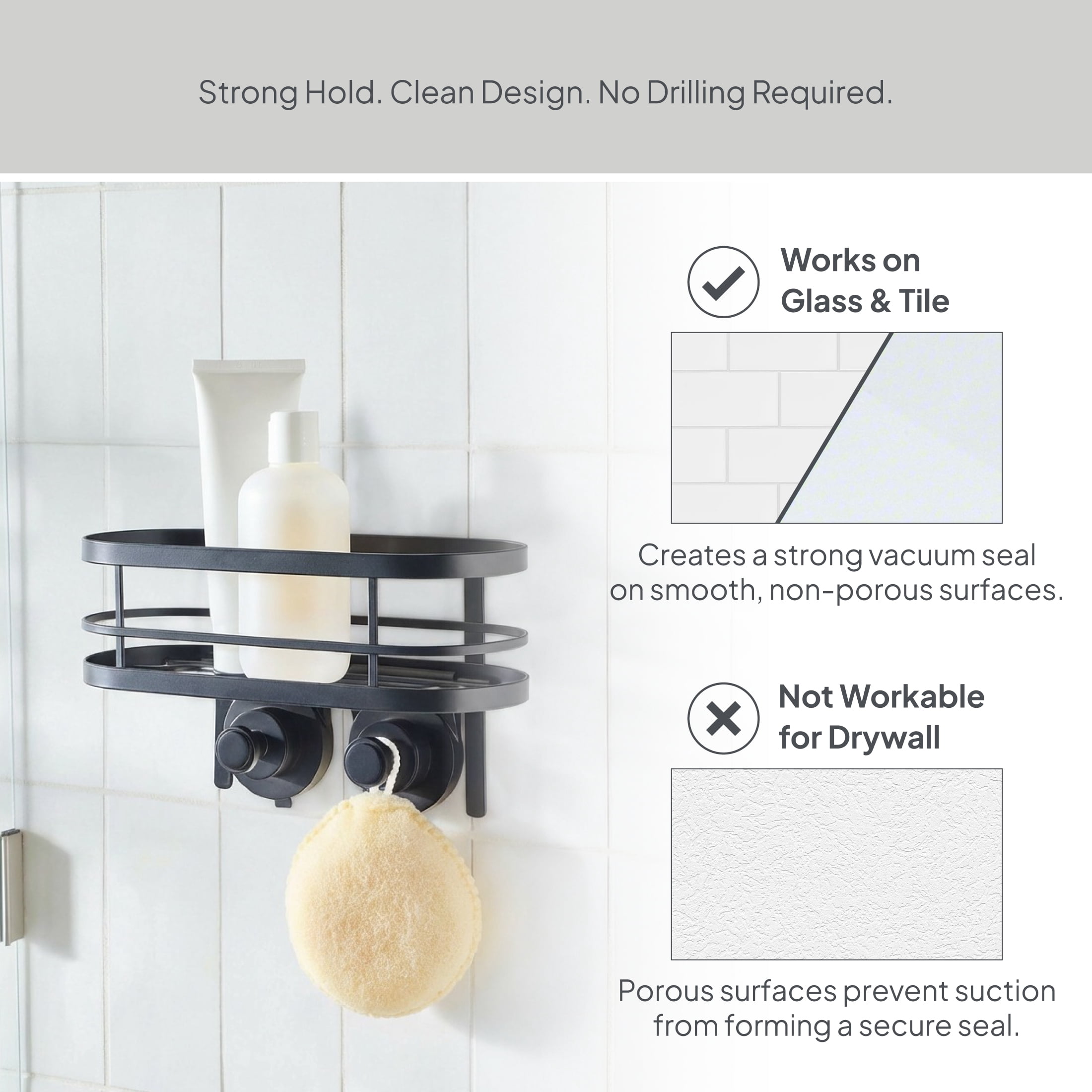 Better Homes & Gardens StyleGrip™ Suction Mount Shower Caddy with Hooks, Matte Black