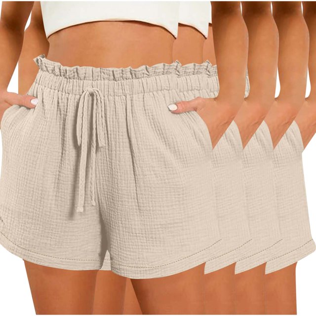 Hyknon Womens Shorts Summer Casual Solid Color Comfortable Loose Fitting 4PC Workout Shorts Elastic Waist Drawstring Sports Gym Running Shorts with Pockets