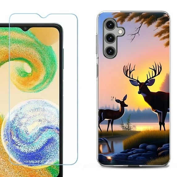 Shockproof Fashion Phone Case for Samsung Galaxy A14 5G, with Tempered Glass Screen Protector, by OneToughShield ® - Deer Sunset