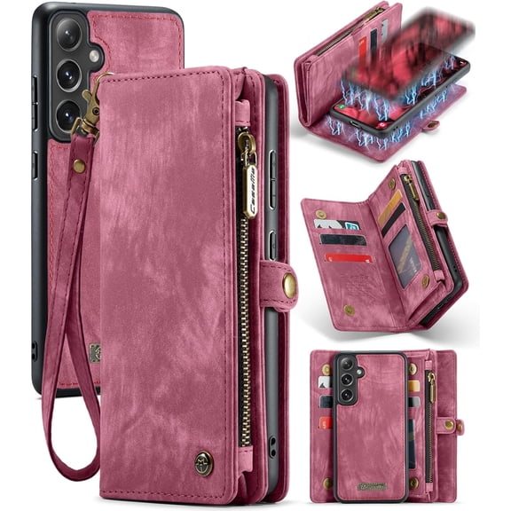 Wallet Case for Samsung Galaxy S25, Zipper Purse Folio Leather Wallet with Card Holder Wrist Strap Detachable Magnetic Shockproof Protective Back Case for Samsung Galaxy S25