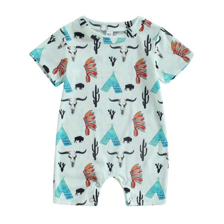 

Wallarenear Western Baby Girl Boy Jumpsuit Short Sleeve Cow Print Romper Pants Bodysuit Green 12-18 Months