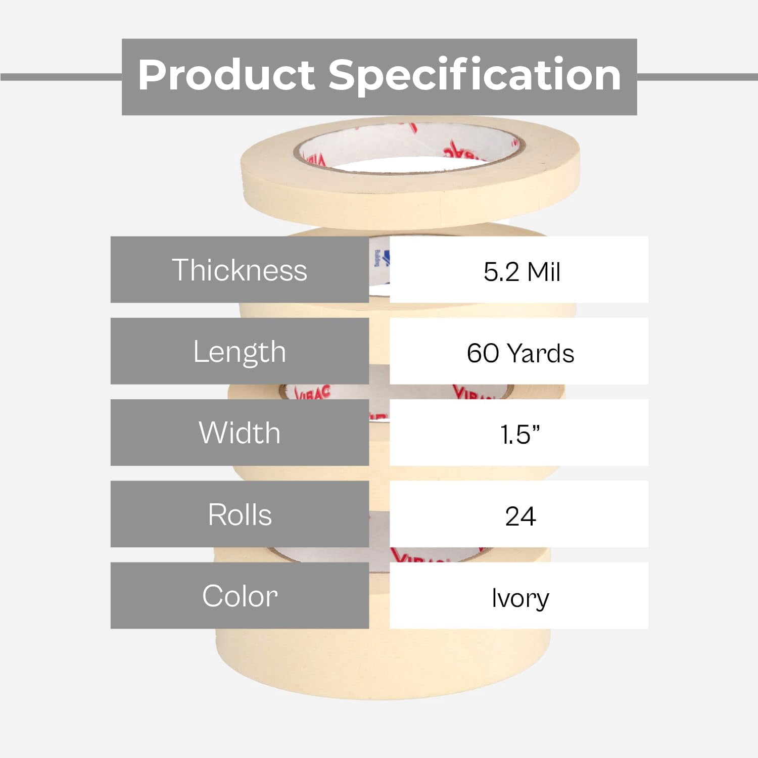 Shield Tape Masking Tape, 5.2 Mil, Water & Oil Resistant, 24 Rolls, 1.5" x 60 Yards