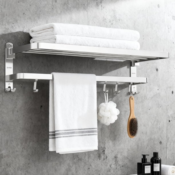 Toalleros de Baño Plegable, Accesorios de Baño de Acero Inoxidable, Toallero Plegable de Pared, Estantería de Almacenamiento para Baño con Ganchos para Baño, Cocina y Hotel (Silver)
