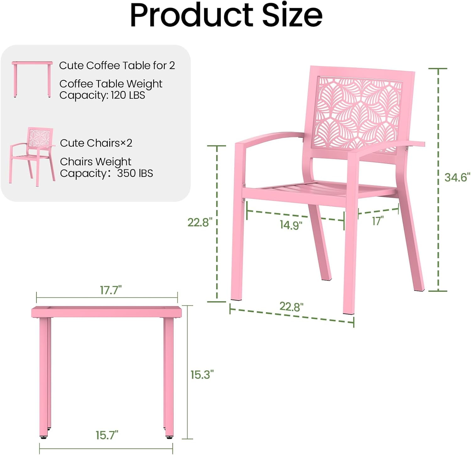 3 Piece Patio Bistro Set, Outdoor Steel Furniture Set, Stackable Modern Conversation Sets for Balcony Garden Deck Patio w/2 Chairs 1 Table, Pink
