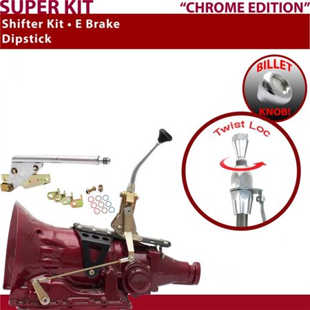 American Shifter AOD Shifter Kit Chrome 8 in. E Brake Dipstick Push Button Floor Handle Billet Knob for ED4F3