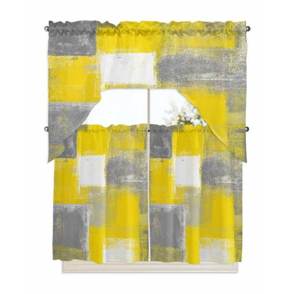 Yellow Grey Kitchen Curtains Swag Valance and Tier Curtains Set 36 Inch Length, Rustic Mottled Oil Painting Abstract Texture Rod Pocket Drape Panels Pair Swag Curtains for Bathroom/Cafe/Window