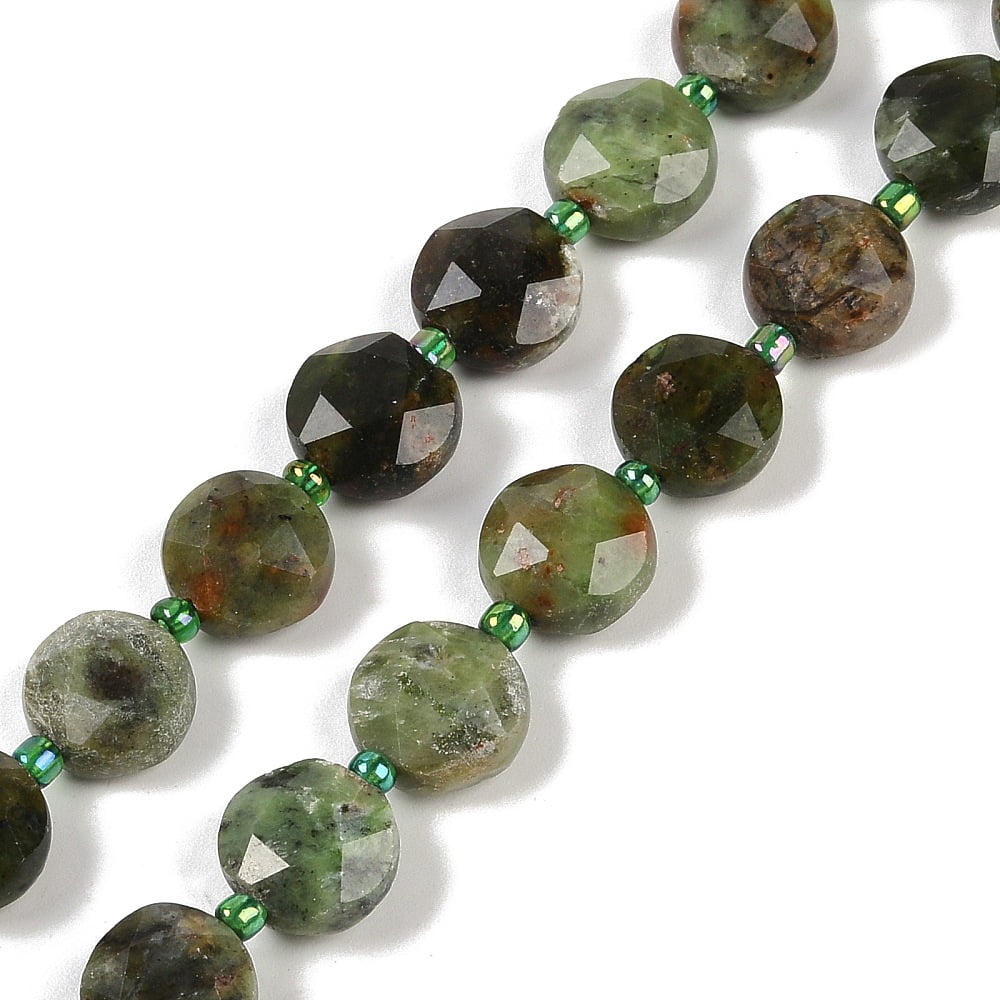 Natural Green Opal Beads Strands Faceted Pentagonal Cut Flat Round with Seed Beads 10~10.5x5~6mm Hole: 1mm about 32~33pcs/strand 15.75''(40cm)
