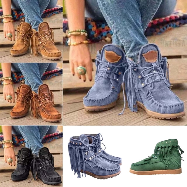 Kayannuo Bottines Boho pour Femmes avec Franges Ethniques Bohémiennes Vintage en Daim à Lacets Larges Bout Rond Talons Épais Bas Bottes Courtes Rétro Plage à Enfiler Chaussures de Marche