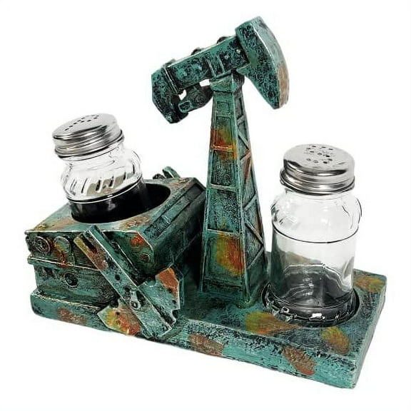 Urbalabs Western Green Pump Jack Salt and Pepper Shaker Caddy Oilfield Dinner Table Kitchen Ranch Decorations Rustic Roughneck Decor Hand Painted