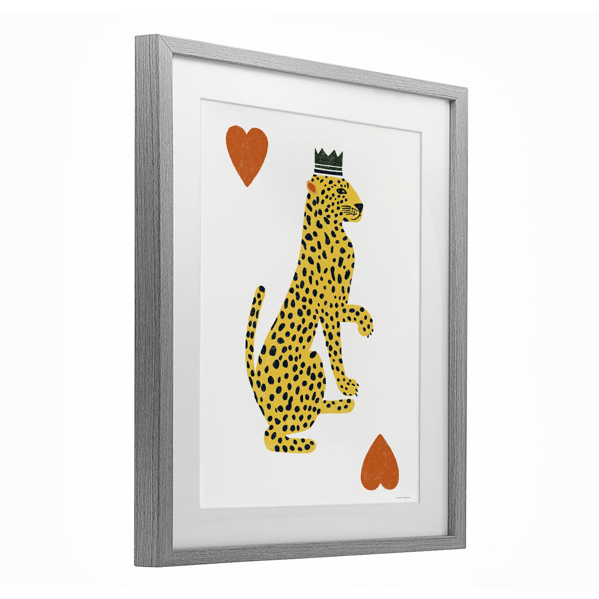 Leopard & Hearts Card Gray Framed Print Under Glass, design by Svetlana Aleynikova