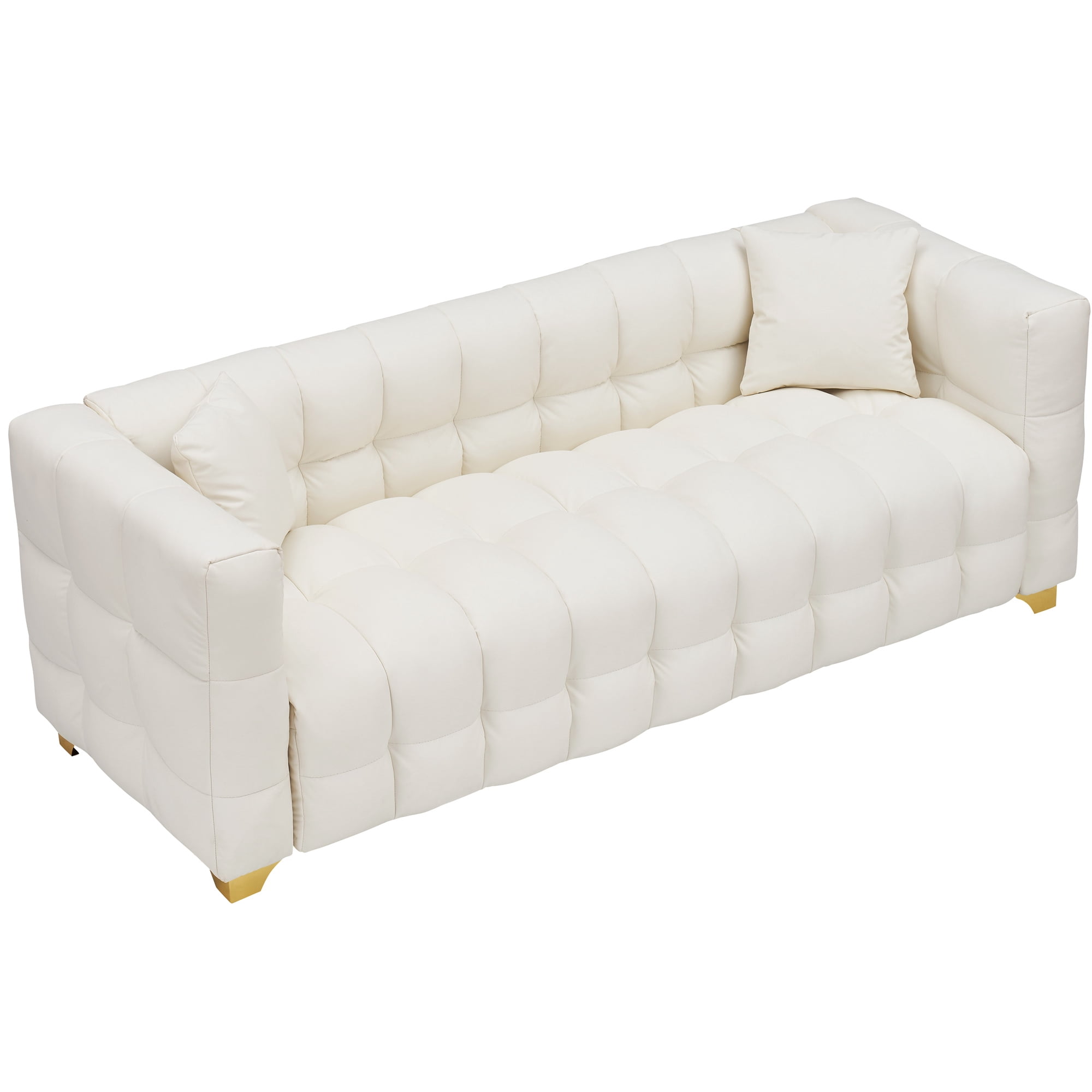 Aukfa 80" Modern Comfy Sofa, Deep Tufted Couch for Living Room, 2 Pillows, Leathaire, Beige