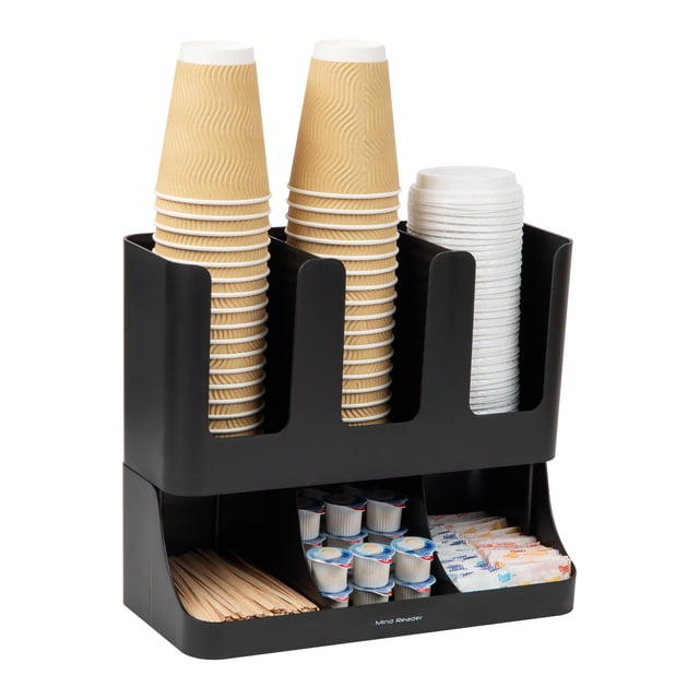 Mind Reader Cup and Condiment Station, Countertop Organizer, Coffee Bar, Kitchen, Stirrers, 13"L x 6.4"W x 11.5"H, Black