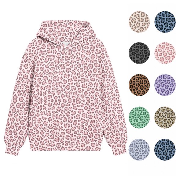 Sevevn Girls' Leopard Print Hoodie Sweatshirt Long Sleeve Pullover Hooded Top with Ribbed Cuffs and Hem, Cute Casual Graphic Printed Sweatshirt for Kids Everyday School Travel and Outdoor Wear