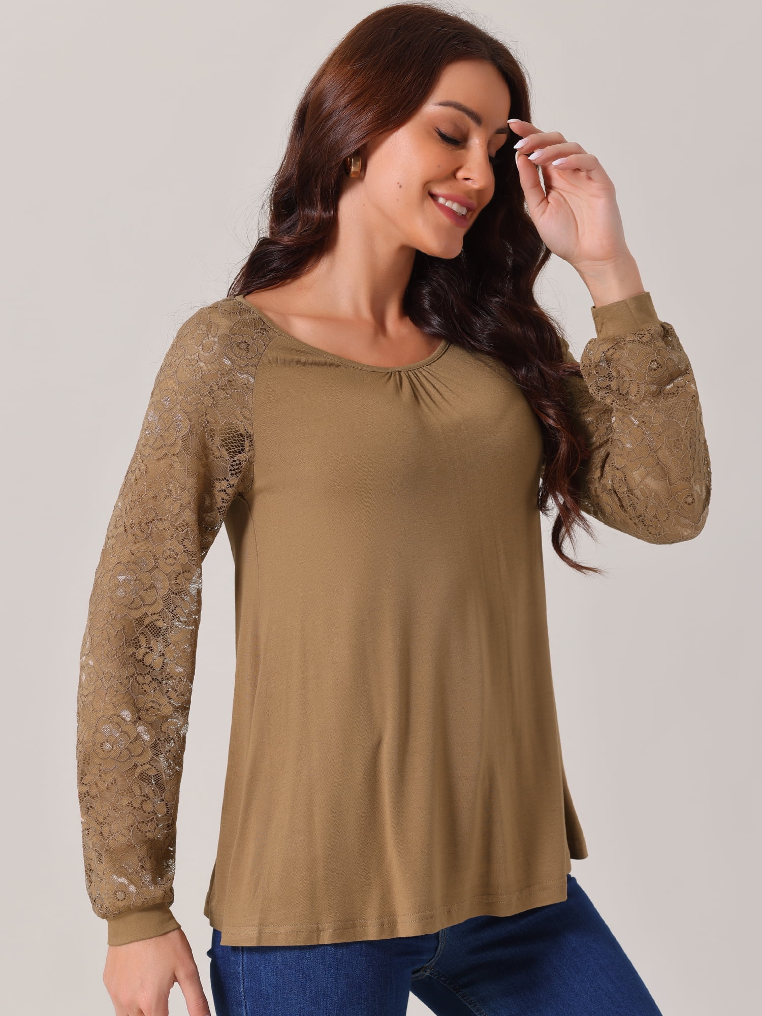 DARING DIVA Women's Lace Long Sleeve Crew Neck Casual Tops L Brown