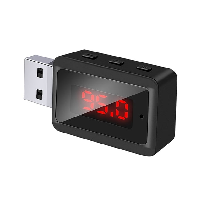 transmisor fm bluetooth 5.3 para coche, adaptador de audio inalámbrico usb, llamadas manos con micrófono, estéreo hifi para radio fm de coche Multicolor — Vista frontal de adaptador USB T60 negro con pantalla LED roja que muestra 95.0; conector USB tipo A a la izquierda, tres botones en la parte superior y micrófono pequeño en el frontal. Diseñado para emparejar por Bluetooth V5.3 y transmitir audio por FM dentro de 10 m; también suele usarse como manos libres para llamadas.