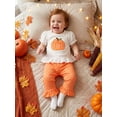 thumbnail image 6 of Loicainy Baby Toddler Baby Girl Halloween Outfit 6 12 18 24 Months 2T 3T 4T Pumpkin Embroidery Ruffled Trim Short Sleeve Tops and Dot Print Pants 2 Pcs Clothes Set, 6 of 9