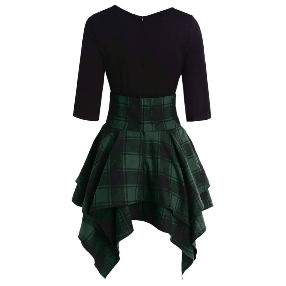 Fashion Women Casual O-Neck Lace Up Tartan Plaid Print Asymmetrical Mini  Dress - Walmart.ca