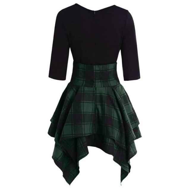 CNKOO Robe Mini Asymétrique à Carreaux Mode Femme Décontractée Col Rond Lacée
