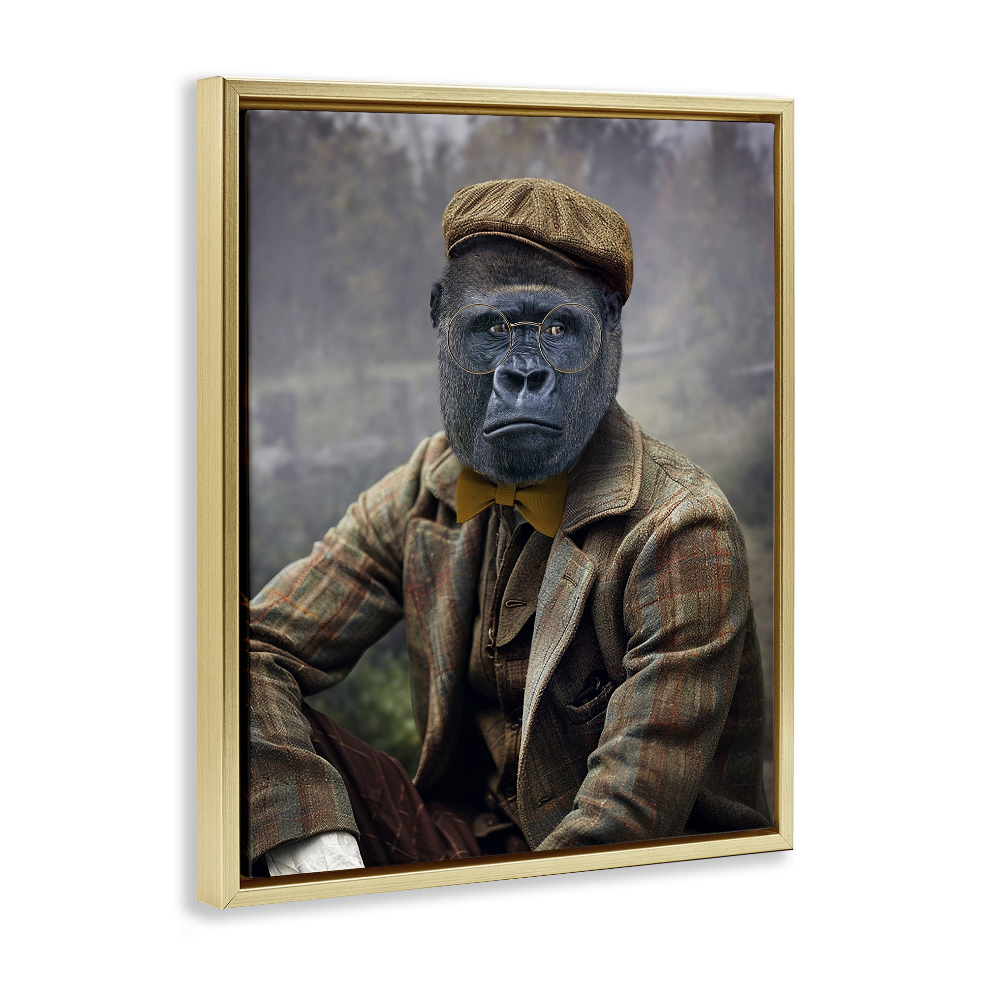 Stupell Industries Vintage Gorilla Portrait Animals & Insects Painting Gold Floater Framed Canvas Art Print Wall Art, 17 x 21