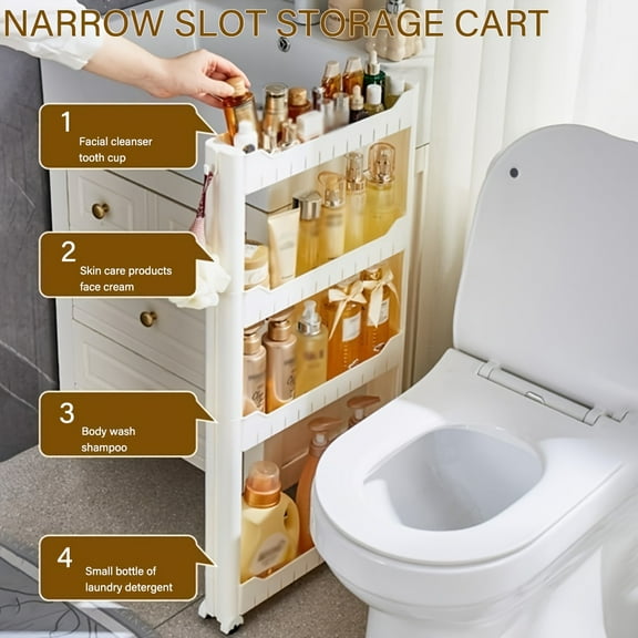 ​​Freestanding Narrow Bathroom Organizer | Sliding Shelves on Rollers | Space-Saving Storage for Toilet, Shower & Sink​​