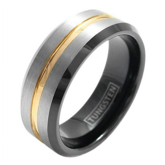 Tungsten Rings for Men Wedding Bands for Him Womens Wedding Bands for Her 8mm Silver Brushed Black Edge Gold Stripe