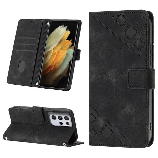 Compatible with Samsung Galaxy S21 Ultra 5G Classic Embossed PU Leather Case with Card Holder Shockproof Cover